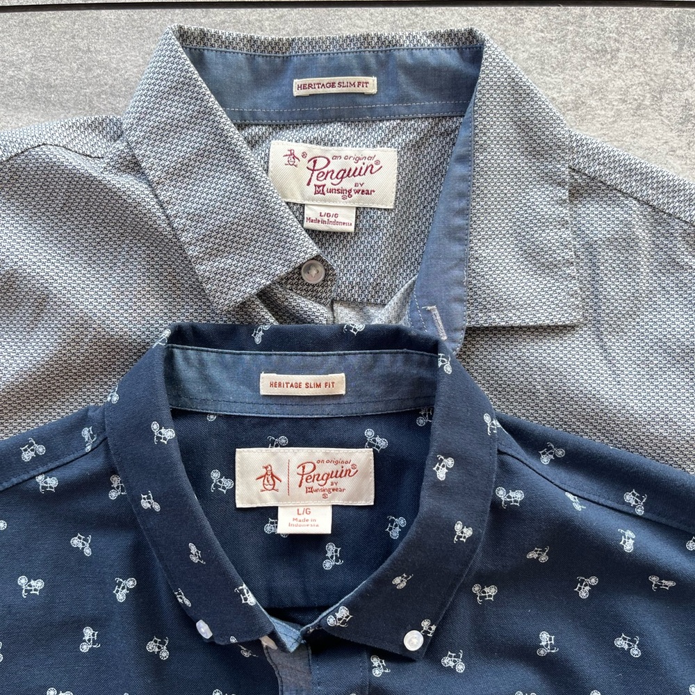 Lot/2 Original Penguin Men’s Lg Heritage Slim Fit, Cotton And Cotton Blend Shirt
